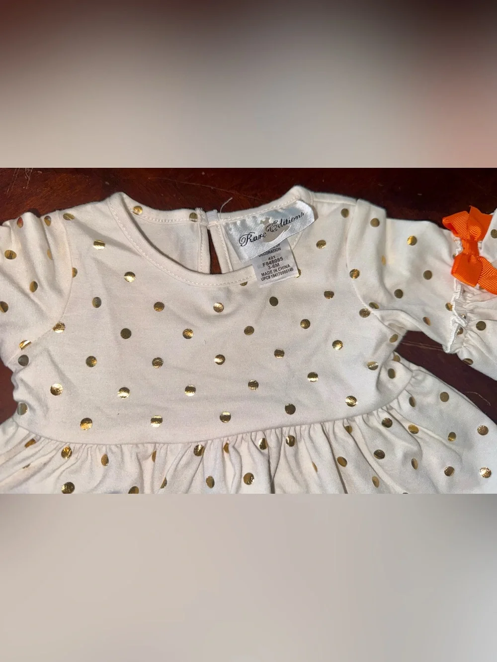 Rare Editions Cream Dress with Gold Polka Dots and Orange Pumpkin Applique